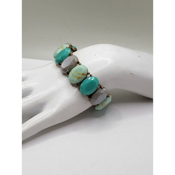 Vintage faceted oval glass stretch bracelet turquoise, gray marbled beads - Picture 1 of 6